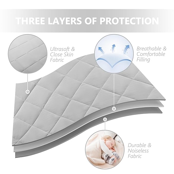 TILLYOU Pack and Play Sheet - Soft Quilted Crib Cover Pad, Toddlers Mattress Protector with 1''-3'' Deep Pocket, Thick Play Yard Playpen Sheets, Crib Mattress Pad 39"x27", Medium Grey