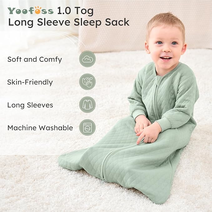Yoofoss Baby Sleep Sack 6-12 Months 1.0 Tog Long Sleeve Sleep Sack Organic Cotton Wearable Blanket for Infants 2-Way Zipper Quilted Sleeping Sacks(Medium)
