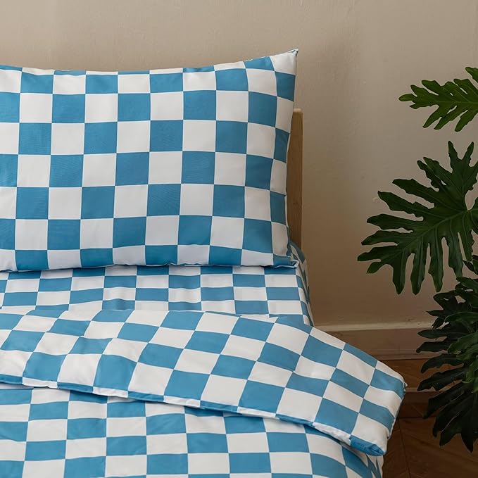 CLOTHKNOW 4 Pieces Plaid Toddler Bedding Sets for Boys Grils, Blue White Grid Pattern, Soft Crib Bed Set Including Comforter, Flat Sheet, Fitted Sheet and Pillowcase, Light Blue White