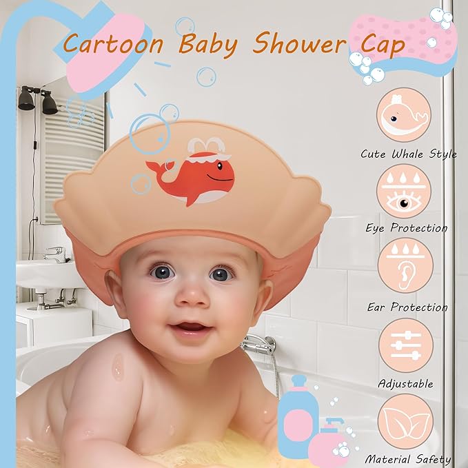 Baby Shower Cap Shield, Shower Cap for Kids, Visor Hat for Eye and Ear Protection for 0-9 Years Old Children,Cute whale shape Makes the Baby Bath More Fun (Orange)