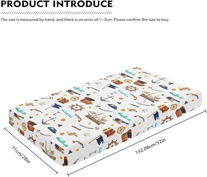 Watercolor Pirate Ship Fitted Crib Sheet for Boys Girls Map Anchor Flag Helm Telescope Baby Sheet for Standard Crib and Toddler Nursery Bed Mattress Sheets 28"x52"