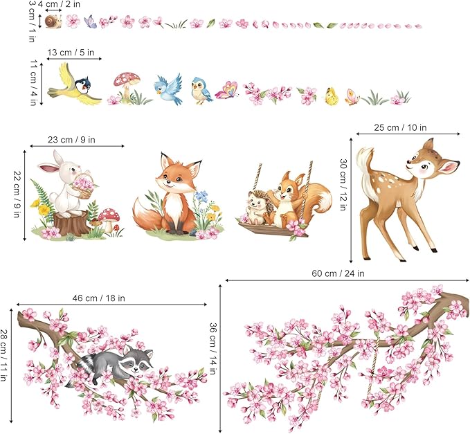 decalmile Woodland Animals Pink Flower Wall Stickers Cherry Blossom Branch Deer Fox Wall Decals Baby Nursery Kids Bedroom Living Room Home Decor