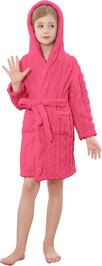 Umeyda Girls & Womens Twist Fleece Robes, Hooded Soft Warm Bath Robe for Kids Womens Fuzzy Bathrobe for Gifts