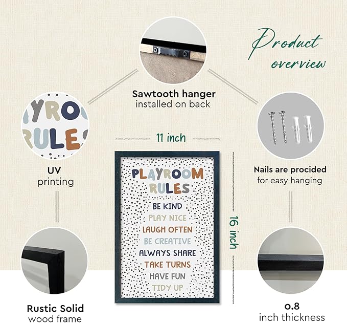 YWJKWLGS Playroom Rules Sign - Wood Framed Wall Art for Kids Room, Nursery, Toddler Bedroom or Playroom, 11x16 Inch Hanging Decor for Boys & Girls (Black)