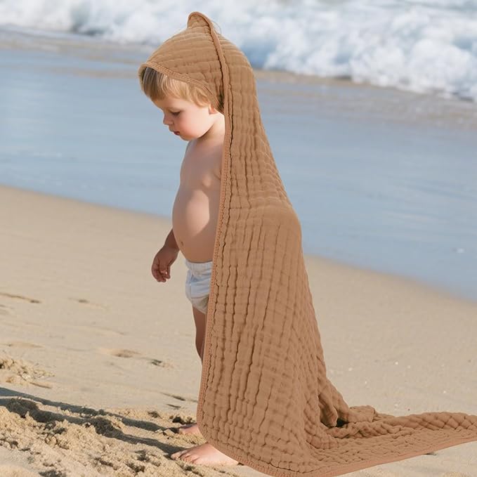Muslin Hooded Baby Towels 100% Cotton ，Super Soft Muslin Baby Bath Towel - 32 x 32 Inches, Suitable for Newborn and Young Children up to 3 Years Old. (Beige & Coffee)