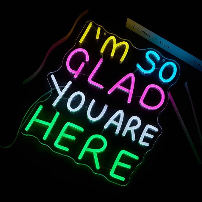 I'm So Glad You Are Here Neon Sign Rainbow Words Dimmable Neon Light for Wall Decor Welcome LED Signs for Classroom USB Powered Colorful Light Up Sign School wedding Kid Room Party Business Wall Art