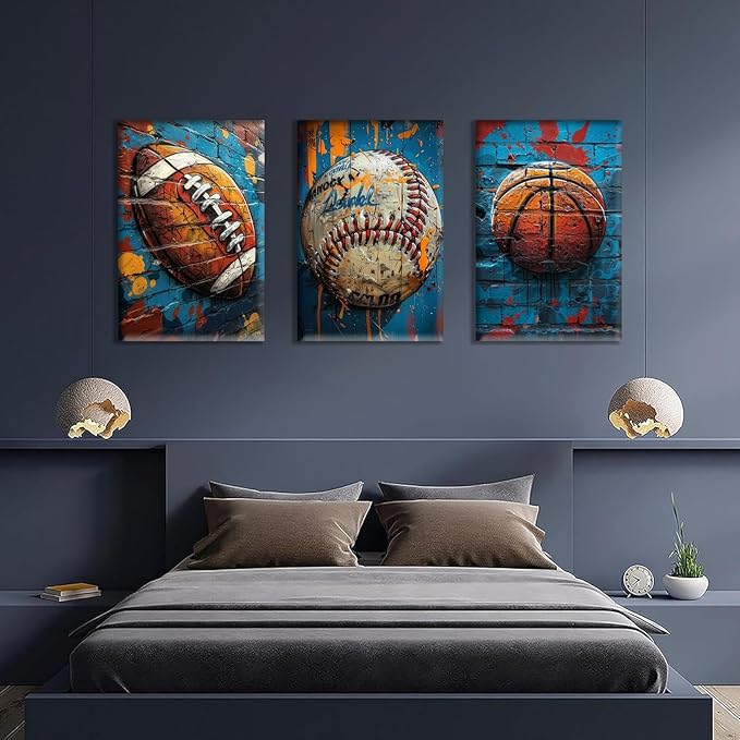 3Pcs Graffiti Sport Canvas Wall Art Trendy Cool Pop Wall Decor Colorful American Football Baseball Basketball Posters Pictures Inspirational Painting Inspirational Boy Room Prints Framed