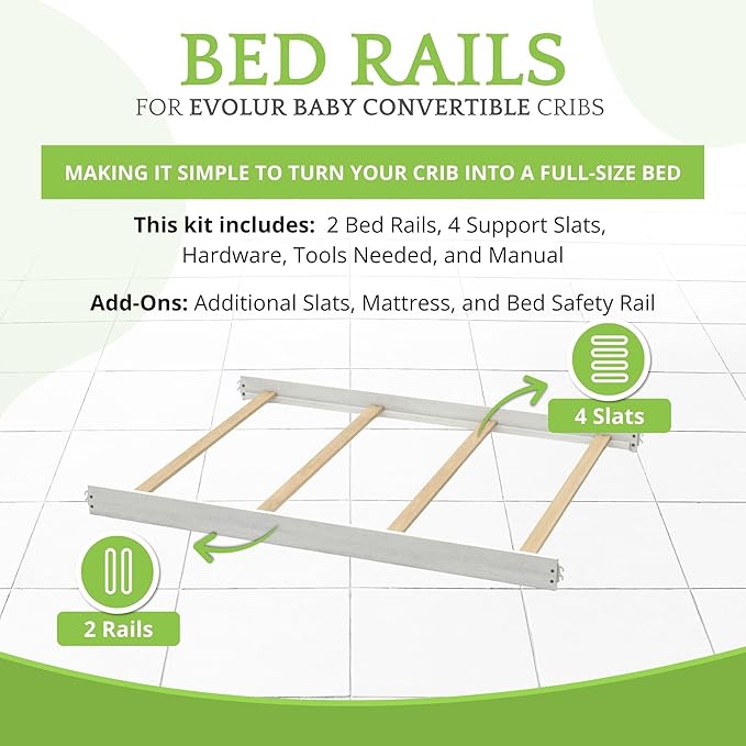 Full-Size Conversion Kit Bed Rails for Evolur Cribs - Solid Wood Crib Convertible Kit to Kids Bed - Transitional Style Rails & Easy-to-Install Child Essentials for Safety (Brushed White)