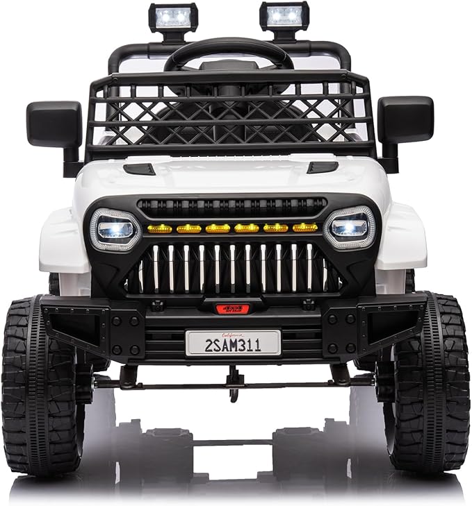 12V Ride On Car for Kids Electric Vehicle Toddlers Battery Powered Truck Car Toy with Remote Control, 4-Wheel Suspension, Battery Display, LED Lights, Music, for Boys Girls, White
