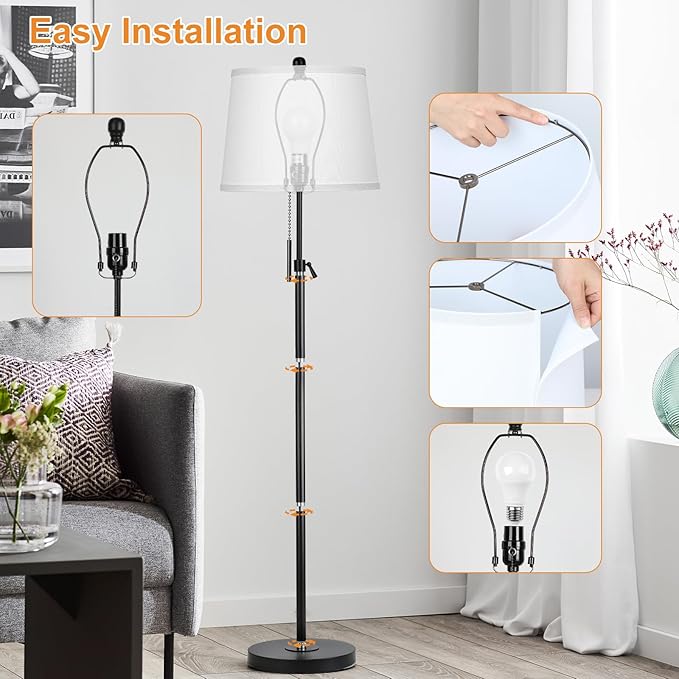 JUNNAI Black Floor Lamps for Living Room Adjustable Height Standing Lamp Modern Tall Pole Lamps for Bedroom Office with White Linen Shade 3 Color Temperature 9W LED Bulb Included