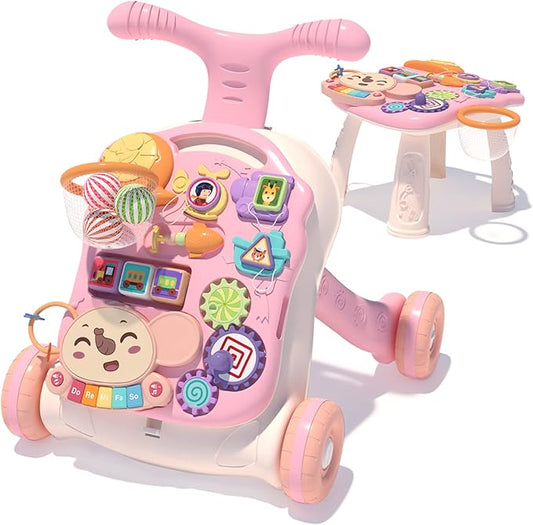 QDRAGON 3 in 1 Baby Walker and Activity Center for Girl, Learning to Walk, Sit to Stand, Early Educational Push Toys with Music Panel for Infant Toddler 12+ Months Pink