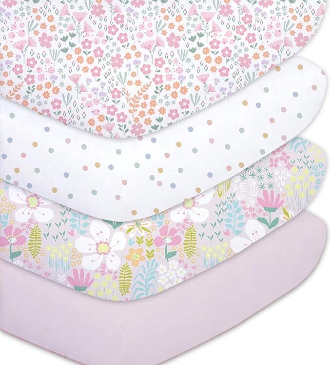 Little Grape Land Crib Sheets Baby Toddler Sheets 4 Pack Fitted for Boys Girls, Standard Size 28x52‘’ Crib Mattress, Super Soft Breathable Washable Microfiber (Floral/Blossom/Dots/Blush Pink)