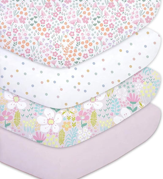 Little Grape Land Crib Sheets Baby Toddler Sheets 4 Pack Fitted for Boys Girls, Standard Size 28x52‘’ Crib Mattress, Super Soft Breathable Washable Microfiber (Floral/Blossom/Dots/Blush Pink)