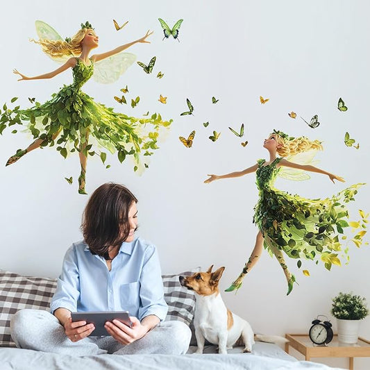 DRWSSR Removable Two Cartoon Green Butterfly Elf Girl Decals Fairy Wall Decals DIY Lovely Dancing Girl Wall Stickers Peel and Stick Butterflies Art for Girls Room Living Room Bedroom Bathroom Decor