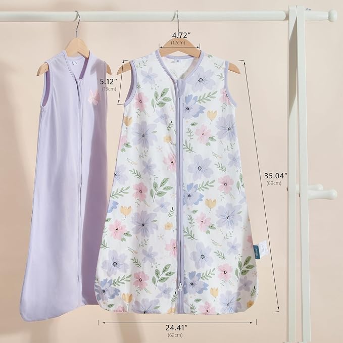 TILLYOU 2 Pack Baby Sleep Sack 18-24 Months 100% Cotton Wearable Blanket 0.5 TOG Sleeveless Summer Sleep Sacks with 2-Way Zipper, Brilliant Little Flowers and Purple