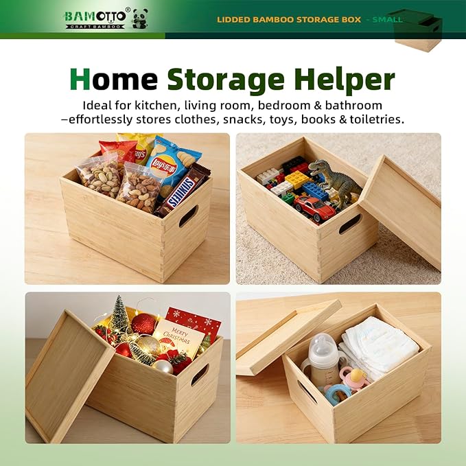 BAMOTTO Lidded Bamboo Storage Bins & Box/Cube/Basket, Home Kitchen and Office Storage Boxes with Handles & Stackable for Organizer Tableware, Clothing, Toys, Office Shelf Books, 10.2”x7.3”x6.5”