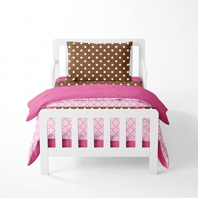 Bacati Butterflies/Ladybug Pink/Chocolate 4 Piece Girls Toddler Bedding Set, 100 Percent Cotton Includes Reversible Comforter, Fitted Sheet, Top Sheet and Pillow Case for US Standard Toddler Bed