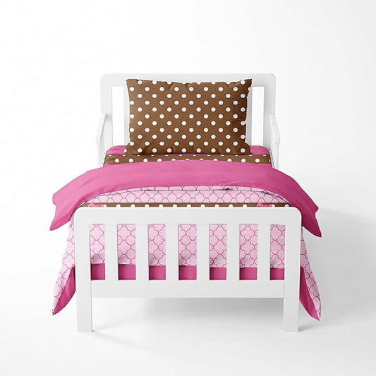 Bacati Butterflies/Ladybug Pink/Chocolate 4 Piece Girls Toddler Bedding Set, 100 Percent Cotton Includes Reversible Comforter, Fitted Sheet, Top Sheet and Pillow Case for US Standard Toddler Bed
