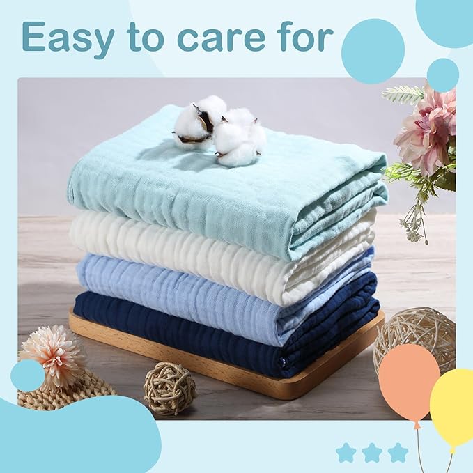 Peryiter 4 Pcs Muslin Hooded Baby Towels, 32x 32'' Cotton Newborn Bath Towel Muslin Infant Baby Blankets Absorbent Unisex Christmas Registry Gift Essentials for Girls Boys (Blue Series)