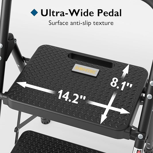 BONTEC 2-Step Ladder, Folding Step Stool, 600lbs Max Load Capacity, Sturdy Steel, Non-Slip Pedals, Lightweight, Portable Steel Ladder with Convenient Handrail, Safety Design for Home & Work, Black