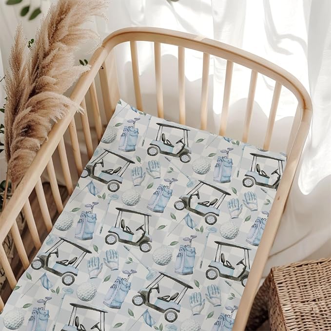 Golf Cart Gloves Bag Flag Blue Plaid Baby Crib Sheet for Boys Girls 52x28Inch Golfing Gear Sport Baby Sheet for Standard Crib and Toddler Bed Mattress Golfs Lovers Gift Nursery Bed Mattress