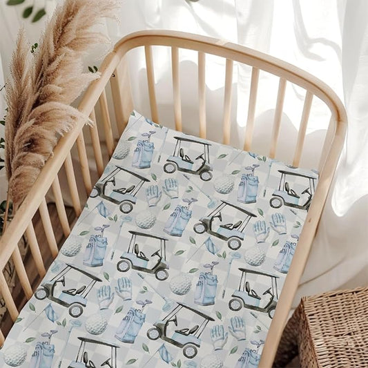 Golf Cart Gloves Bag Flag Blue Plaid Baby Crib Sheet for Boys Girls 52x28Inch Golfing Gear Sport Baby Sheet for Standard Crib and Toddler Bed Mattress Golfs Lovers Gift Nursery Bed Mattress