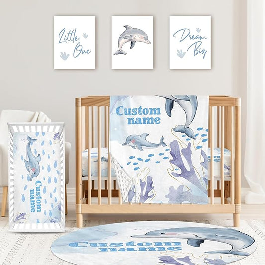 Personalized Baby Crib Bedding Set: 4 Piece Custom Blue Dolphin Crib Bed Set with Name, Nursery Bedding Set for Baby Girls, Newborn Boys Crib Sets, Crib Bedding Custom Gift, Crib Sheet