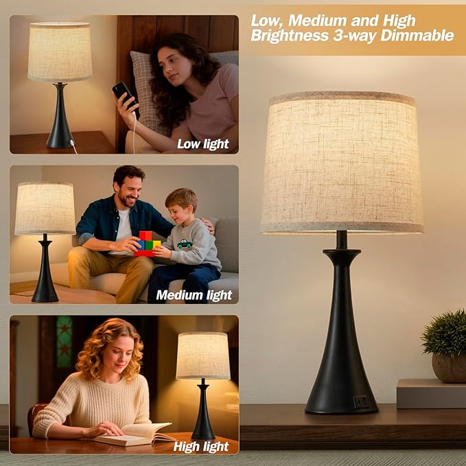 Hikczc Touch Lamp for Living Room Bedroom, 21" Table Lamps Set of 2 with USB C+A Ports, Touch Bedside Lamps for Nightstand with 3 Way Dimmable, 2 LED Bulbs Included, Black