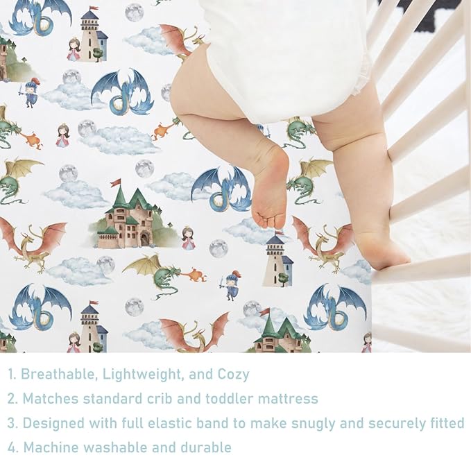 Fairytale Dragons Castle Baby Crib Sheet 52''x28'' Cute Dragon Princess Knight Moon Clouds Stretchy Fitted Crib Mattress Cover for Boy Girl Bed Sheets for Standard Crib Toddler Mattress