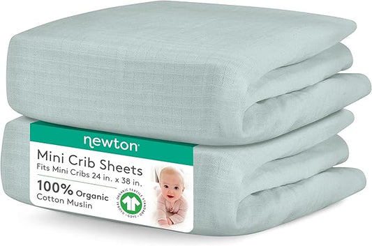 Newton Baby Fitted Mini Crib Sheets (2-Pack) | Organic Muslin Cotton, Breathable & Soft Baby Sheets, Washable Baby Mattress Sheets, Fits Mini Crib Mattresses 24" x 38", Sage