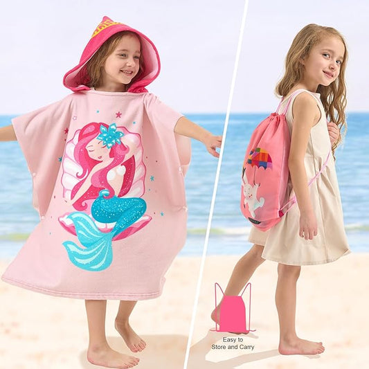 PINNKKU PINNKU Mermaid Beach Towel with Hood for 2-10 Years, Soft Absorbent Hooded Bath Towel for Boys Girls, Toddler Pool Swim Towel with Hood