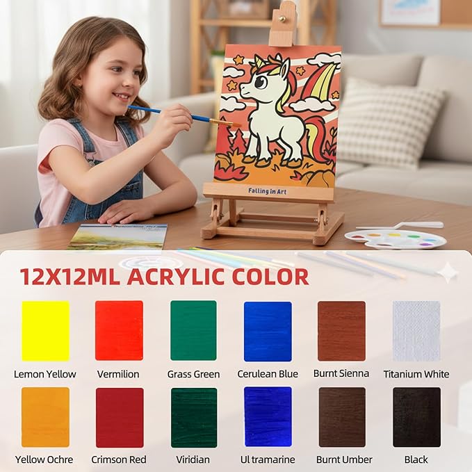 Falling in Art 52Pcs Acrylic Paint Set with Table Easel, Art Painting Kit with Acrylic Paints, Canvas Panels, Paintbrushes, Canvas Supplies Kit for Kids, Adults, Beginners, and Artists, Red
