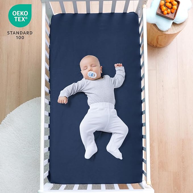 david's kids Waterproof Crib Sheets Fitted 2 Pack, Ultra Soft Breathable Crib Mattress Protector for Boys Girls Neutral, Fit Standard Crib Mattress and Toddler Mattresses, Navy Blue & Highclass Grey