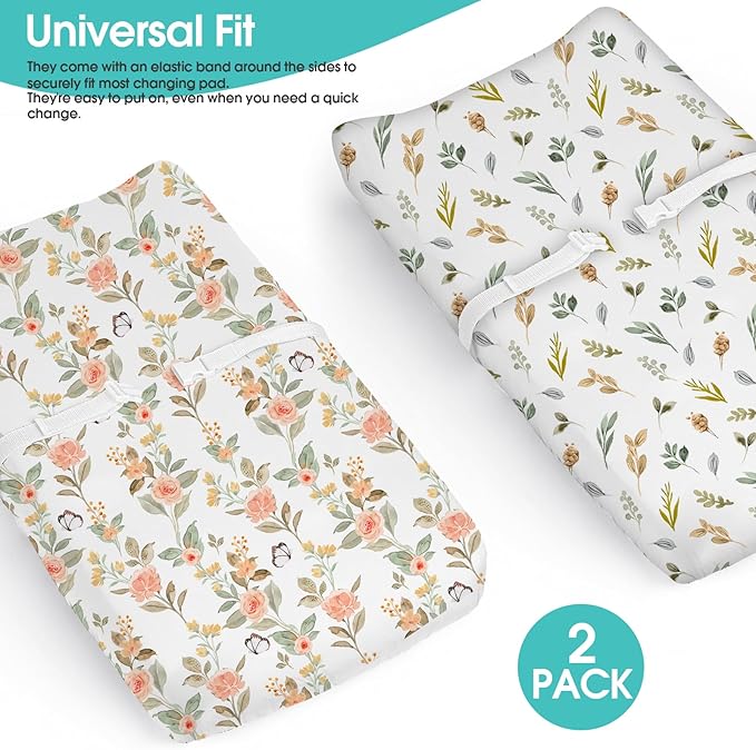 BROLEX Changing Pad Covers for Baby: Boy Girls Ultra Stretchy Soft 2 Pack, Rose Foliage