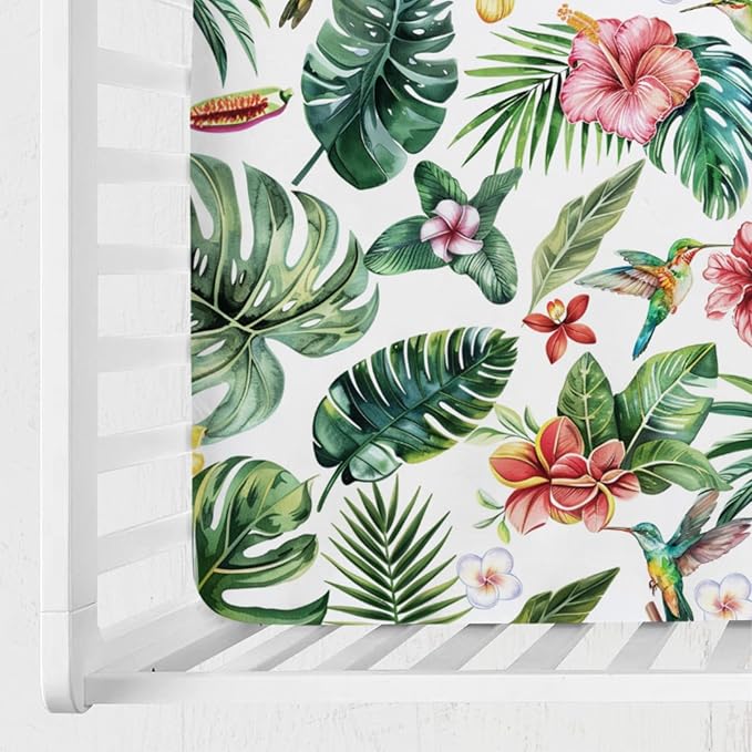 Green Tropical Leaves Floral Hummingbirds Baby Crib Sheets 52''x28'' Rainforest Monstera Leaves Snug Fitted Crib Mattress Covers for Boy Girl Soft Nursery Bed Sheet for Standard Crib Toddler Mattress