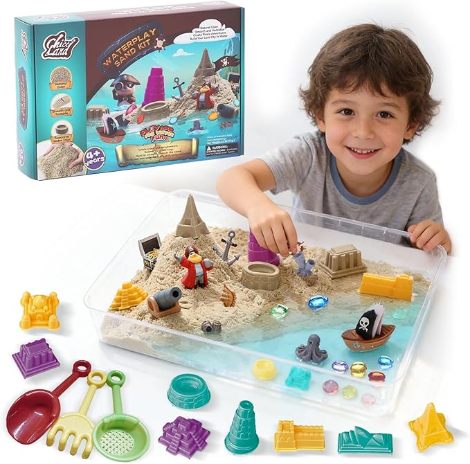 Waterplay & Sensory Sand Kit – 2.2lb Pirate Adventure Play Sand for Kids Ages 4+, Water & Sandbox Play with Molds, Gems & Tools, Mess-Free, Non-Toxic Sensory Bin Filler