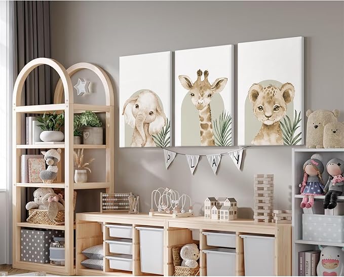 Animal Wall Art Pictures Baby Nursery Canvas Wall Art Decor Safari Animal Prints Jungle Kids Wall Art Woodland Nursery Wall Decor Giraffe Jungle Poster for Room 16x24 Inch Framed Set of 3