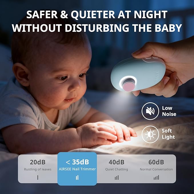 AIRSEE Premium Newborn Gift, Electric Baby Nail File, Cordless Safe Nail Trimmer for Infant, 6 Replacement Heads with Magnetic Storage Case, 360° Light, Baby Clipper, Christmas, Light Blue