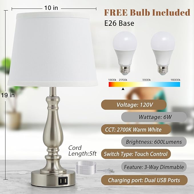 EJIAXIN Table Lamps for Bedrooms Set of 2 - Touch Bedside Lamps with USB C+A Ports,Dimmable White Nightstand Lamps for End Tables, Farmhouse Night Stand Lamps for Living Room Bed Side Guest Room