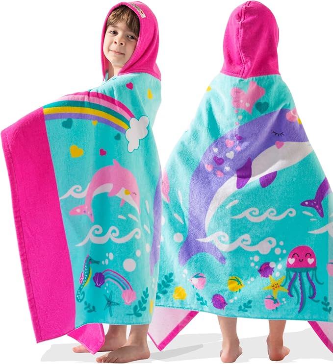 VOOVA & MOVAS Kids Hooded Beach Towels (3-8Years, 30''X50) | 100% Cotton | Large Soft Thick Absorbent Wrap Blanket | Ideal for Beach, Pool, Bath | Pink Whale