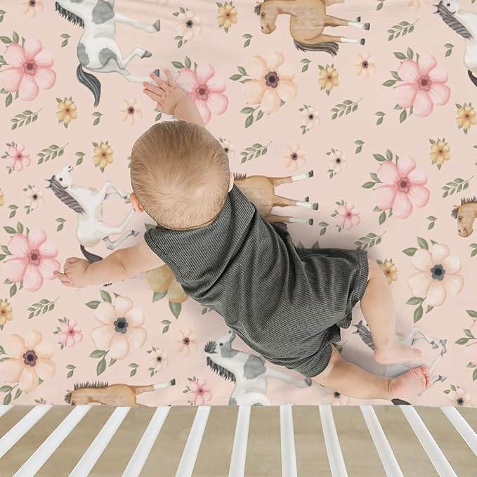 Watercolor Horse Floral Baby Crib Sheets for Boy Girl 52"x28" Running Horses Boho Flowers Soft Snug Fitted Crib Mattress Cover Wild Animals Baby Sheet for Standard Crib & Toddler Bed Mattress Pink