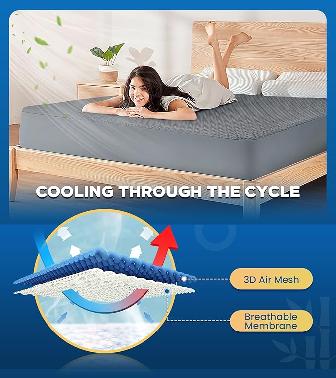Premium 100% Waterproof Cal King Mattress Protector, Breathable Cooling 3D Air Fabric Mattress Cover, Hypoallergenic Noiseless Bed Cover Vinyl Free, 8-21'' Deep Pocket (Gray)