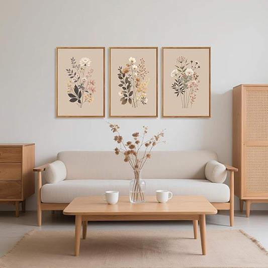 CHDITB Botanical Flower Framed Canvas Wall Art Set, Nature Wildflower Wall Decor, Boho Floral Art Antique Wall Painting, Vintage Dining Room Art Prints for Living Room, Bedroom, Office 24"x36"x3
