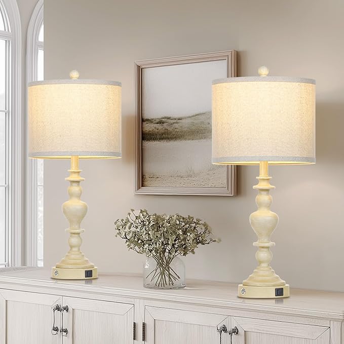 luxeflow 27" Farmhouse Table Lamps Set of 2, Vintage Bedside Lamps with USB A+C Charging Ports, 3-Way Dimmable Touch Control Traditional Nightstand Lamp for Living Room Beige (Bulbs Included)