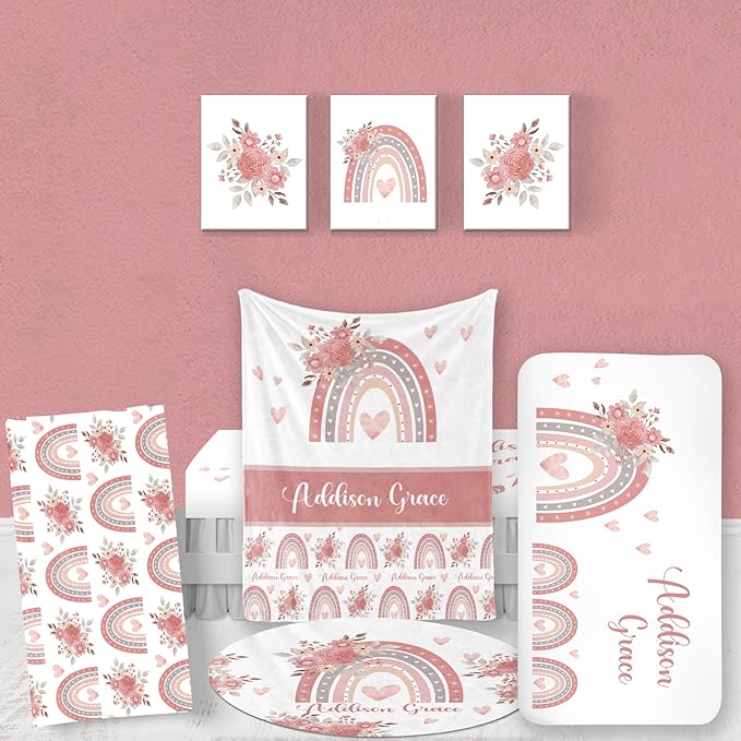 Custom Nursery Crib Bedding Set: Personalized Nursery Decor Baby Blanket Fitted Crib Sheet Changing Pad Cover Baby Room Rug Love Pink Rainbow Pattern Pink Bedding Gift Idea(Fixed Size)