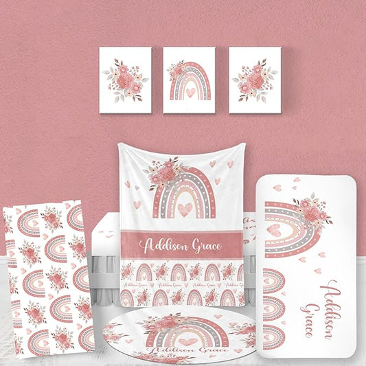Custom Nursery Crib Bedding Set: Personalized Nursery Decor Baby Blanket Fitted Crib Sheet Changing Pad Cover Baby Room Rug Love Pink Rainbow Pattern Pink Bedding Gift Idea(Fixed Size)