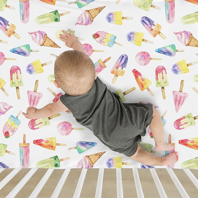 Watercolor Fruit Ice Cream Baby Crib Sheets for Boy Girl 52x28Inch Dessert Sweets Soft Stretchy Fitted Crib Mattress Cover Colourful Summer Nursery Baby Sheet for Crib and Toddler Bed Mattresses