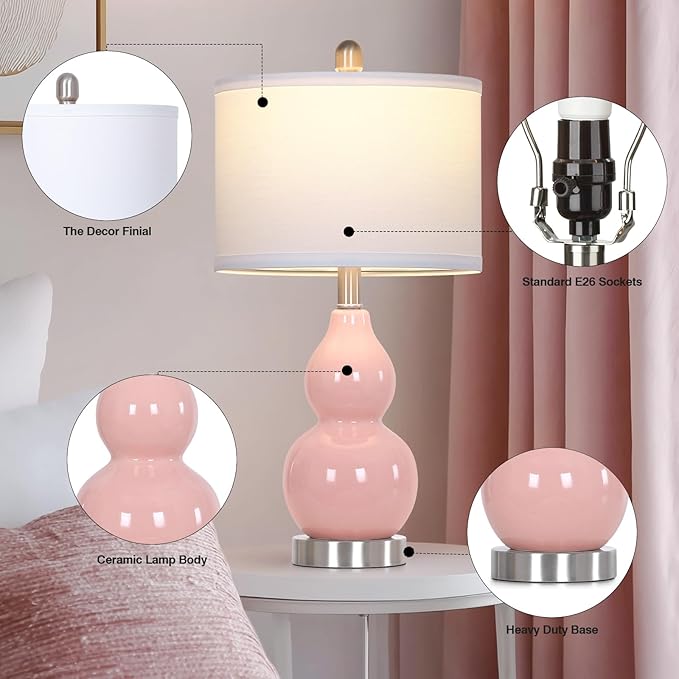 luxeflow 22" Double Gourd Ceramic Table Lamps Set of 2, Pink Modern Bedside Lamps for Living Room, Contemporary Nightstand Desk Lamps for Bedroom End Table Home Office Decor(2 LED Bulbs Included)