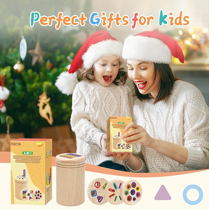 4 in 1 Montessori Toys for 2 3 4 Year Old, Wooden Color Sorting Toys for Toddlers 1-3, Preschool Learning Activities Fine Motor Matching Games, Stocking Stuffers for 18 Month Old Kids