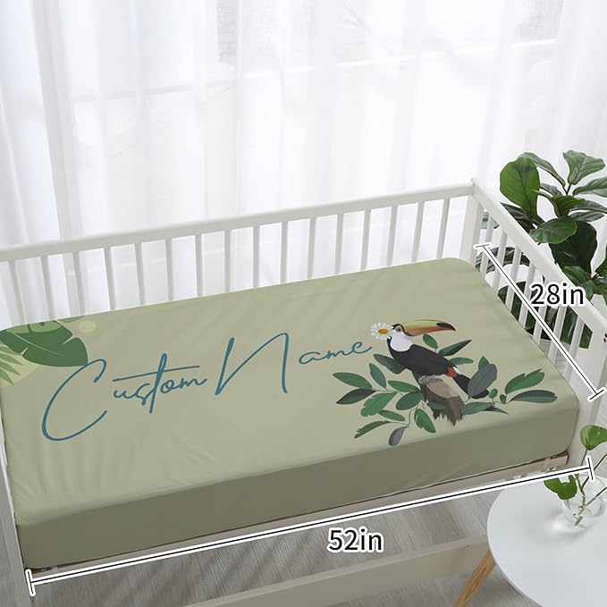 Custom Crib Bedding Set – Personalized Name Tropical Toucan Baby Bedding 5-Piece Set with Soft Blanket, Fitted Sheet, Changing Pad Cover, Rug and Wall Art – Colorful Jungle Nursery Decor